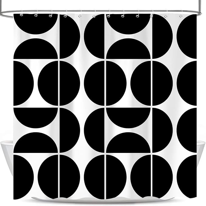 Black and White Mid Century Modern Shower Curtain, Boho Abstract Geometric Retro Art Bath Curtains For Bathroom, Colorful Unique Pattern Waterproof Polyester Fabric Bathroom Set 12 Hooks 72X84IN