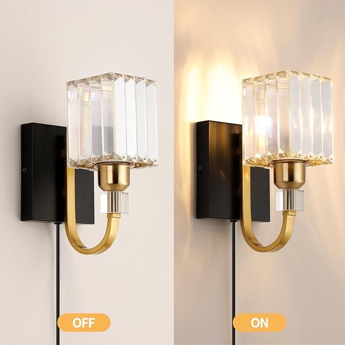 Modern Crystal Wall Sconce with Plug，Black Gold Wall Mounted Light Fixture, Plug-in Vanity Light with On/Off Switch for Bathroom Mirror, Makeup Area, Bedroom Decor