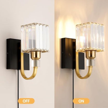 Modern Crystal Wall Sconce with Plug，Black Gold Wall Mounted Light Fixture, Plug-in Vanity Light with On/Off Switch for Bathroom Mirror, Makeup Area, Bedroom Decor