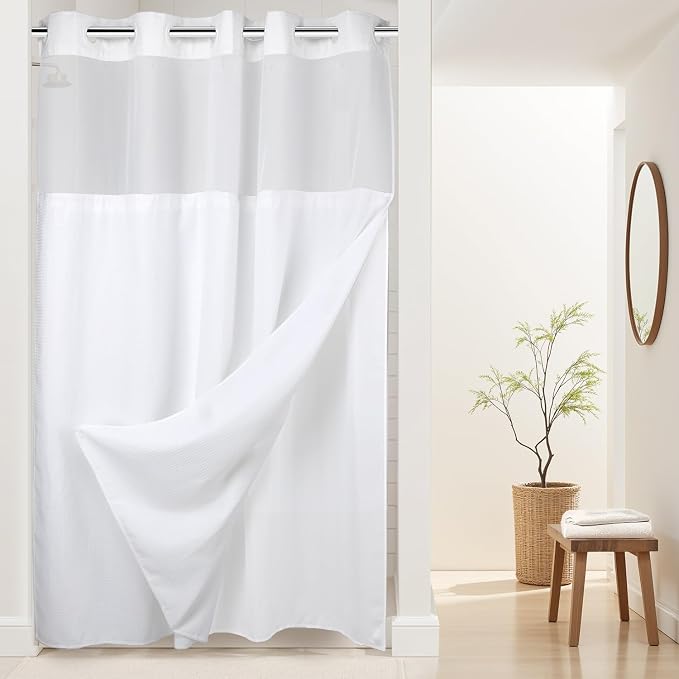 River Dream Heavyweight No Hooks Required Dotted Waffle Weave Shower Curtain with Snap in Liner - 60W x 74L, Hotel Grade, Spa Like Bath Curtain, White | Dotted Waffle,Snap-in Liner,Heavy Duty,Quick Dry,Mesh Top Window,With Bottom Magnets,Hotel-Grade,Wa...