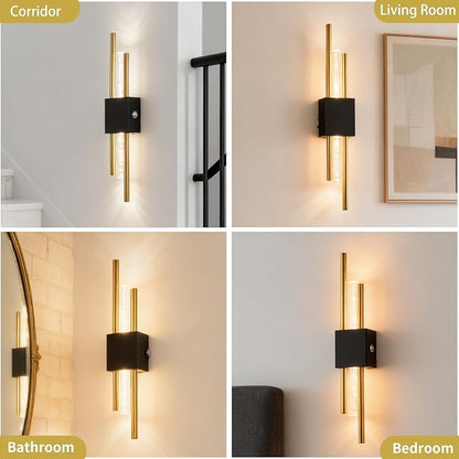 Battery Operated Wall Sconces Set of Two, Rechargeble Modern Crystal Bathroom Wall Sconces, 3000K-6000K Dimmable Gold LED Wireless Wall Lights for Vanity Bedroom Living Room Hallway（black gold）