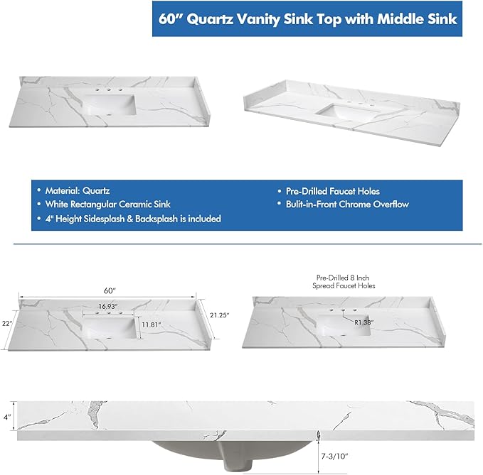60 in.W x 22 in.D Quartz Calacatta River Vanity Top,with Undermount Middle Sink Vanity Top,with Two Sidesplash & One Backsplash,8 Inch Faucet Hole Spread Bathroom Vanity Sink Countertop
