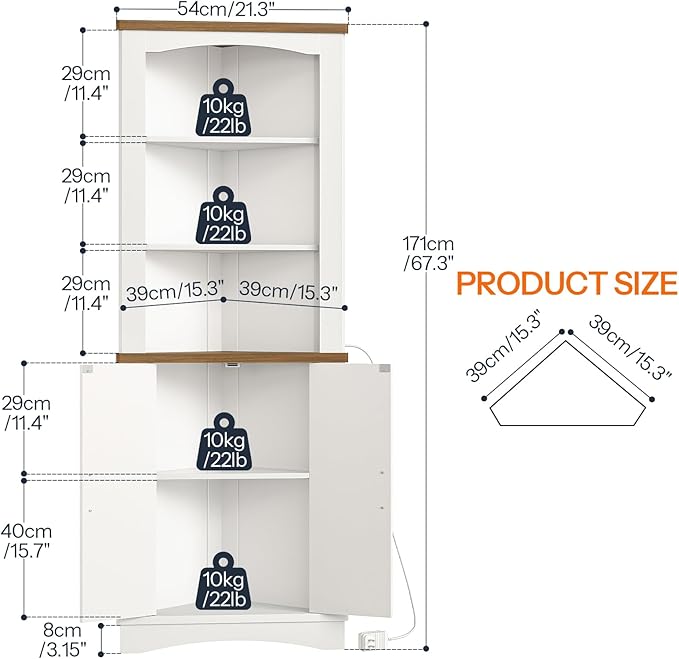 HOOBRO Corner Cabinet with LED Lights, 67" Tall Farmhouse Corner Storage Cabinet with Doors and Storage Shelves, 5-Tier Corner Bathroom Cabinet, for Living Room, Kitchen, White and Walnut WH74DCJ01