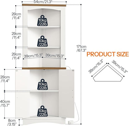 HOOBRO Corner Cabinet with LED Lights, 67" Tall Farmhouse Corner Storage Cabinet with Doors and Storage Shelves, 5-Tier Corner Bathroom Cabinet, for Living Room, Kitchen, White and Walnut WH74DCJ01
