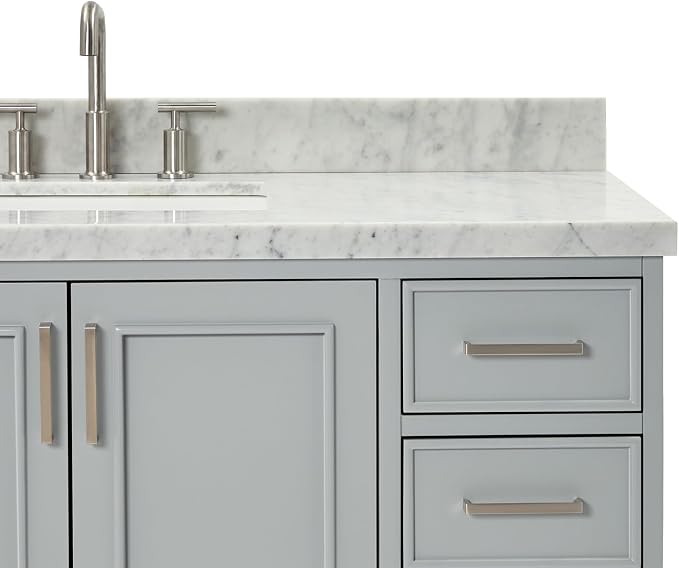 DKB Langford 54-inch Grey Bathroom Vanity with Center Rectangle Single Sink, Italian Carrara Marble Countertop & Backsplash, Solid Wood Frame, Soft-Closing & Dovetail Drawers