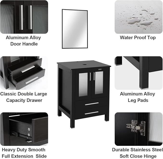 eclife 84" Modern Bathroom Vanity Sink Combo Freestanding Cabinet with Small Side Cabinet, White Boat Ceramic Vessel Sink, Water Save Faucet, Drain (Black+T44)