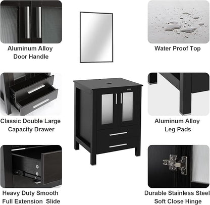 eclife 84" Modern Bathroom Vanity Sink Combo Freestanding Cabinet with Small Side Cabinet, Brown Boat Glass Vessel Sink, Water Save Faucet, Drain (Black+A29BR)