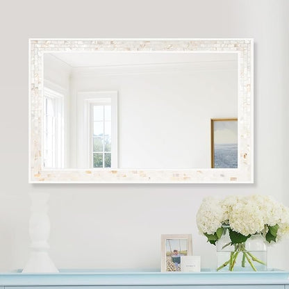 Tanmicoshomy 26 x 40 Inch Rectangle Wall Mirror, Natural Shell Framed Rectangular Mirror for Bathroom, Vanity, Bedroom, Living Room, Entryway, Wall Mounted Horizontal or Vertical, White