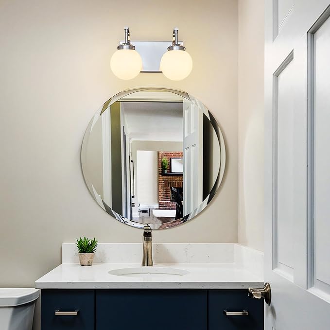 Modern 2 Lights Vanity Light Over Mirror Bathroom Vanity Light Fixtures Chrome Wall Sconce with Milk Glass Vanity Light for Bathroom Lighting