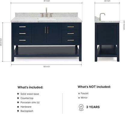 Olivia 60-Inch Midnight Blue Bathroom Vanity with Rectangular Sink, 1.5" Italian Carrara Marble Countertop & Backsplash, 2 Soft-Closing Doors, 6 Dovetail Drawers, Brushed Nickel