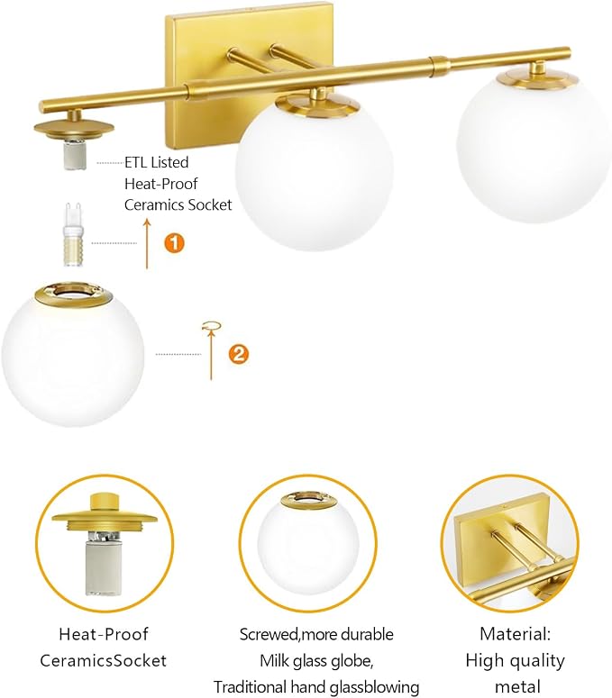 Bathroom Vanity Light Brushed Brass 3T Wall Sconce for Mirror | Modern fixture Globe Glass Shade brightness, elivers even brightness. Sturdy metal resists rust. Dresser Bathroom over Mirror