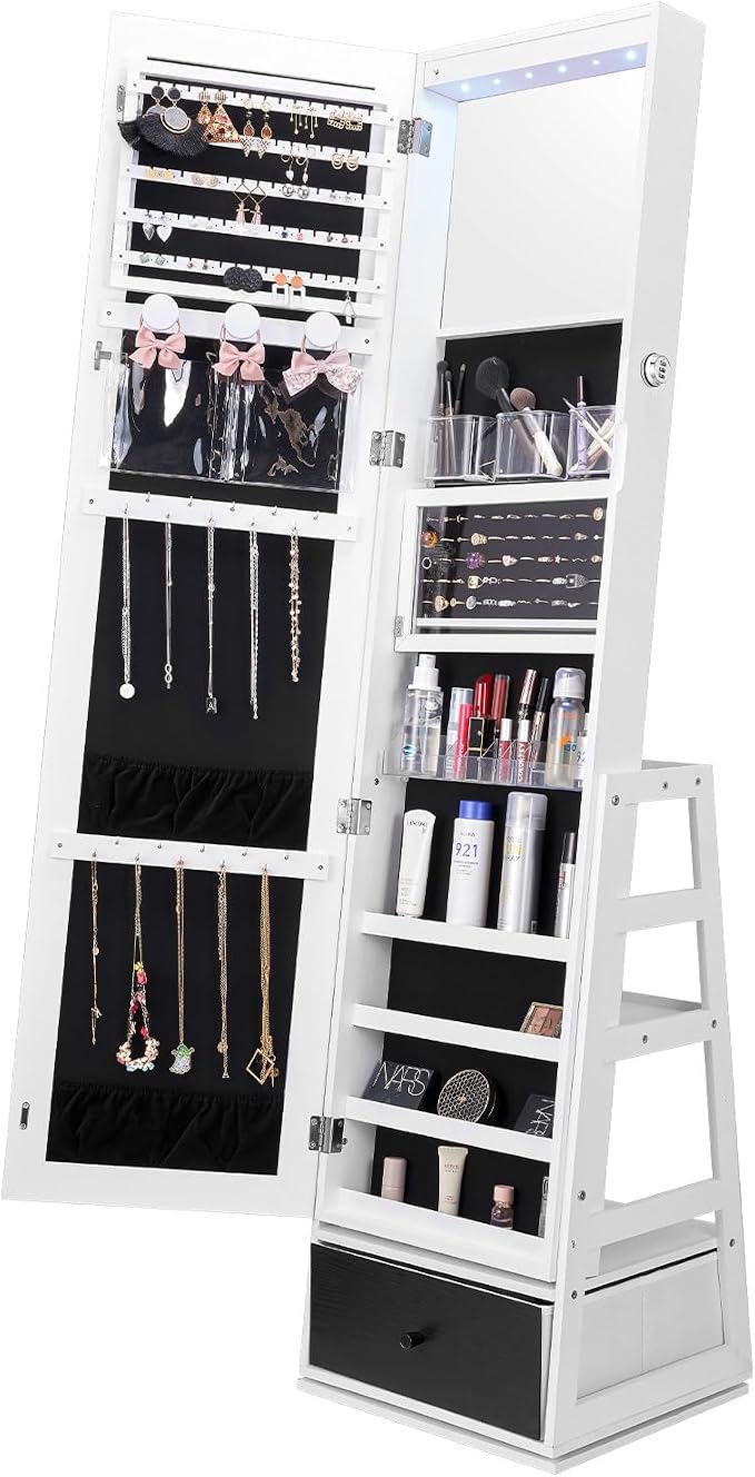 VEVOR 360° Swivel Jewelry Cabinet Armoire, 63-Inch Tall Lockable Jewelry Organizer with Full-Length Mirror, LED Light, Velvet Lining, Drawer, Freestanding, White