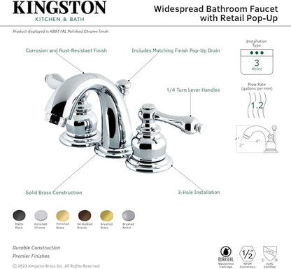 Kingston Brass KB911AL Victorian Mini Widespread Lavatory Faucet with Brass Pop-Up, Polished Chrome, 4-Inch Adjustable Center