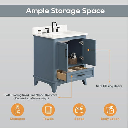 30 Inch Bathroom Vanity with Sink, 30 Inch Vanity with Adjustable Feets, Bathroom Storage Cabinet with Soft Closing Doors & Dovetail Drawers, Solid Wood Frame, Steel Blue
