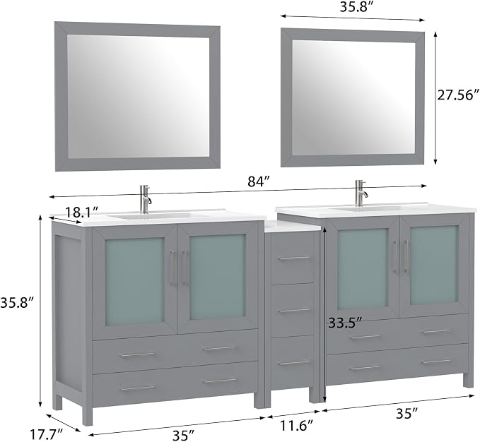 Vanity Art 84 Inch Under Mount Double Sink Bathroom Vanity Cabinet with 2 Mirrors, Ceramic Top Bathroom Cabinet Compact Set with 7 Dovetail Storage Drawers and Brushed Nickel Handles, VA3036-84-G