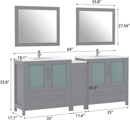 Vanity Art 84 Inch Under Mount Double Sink Bathroom Vanity Cabinet with 2 Mirrors, Ceramic Top Bathroom Cabinet Compact Set with 7 Dovetail Storage Drawers and Brushed Nickel Handles, VA3036-84-G