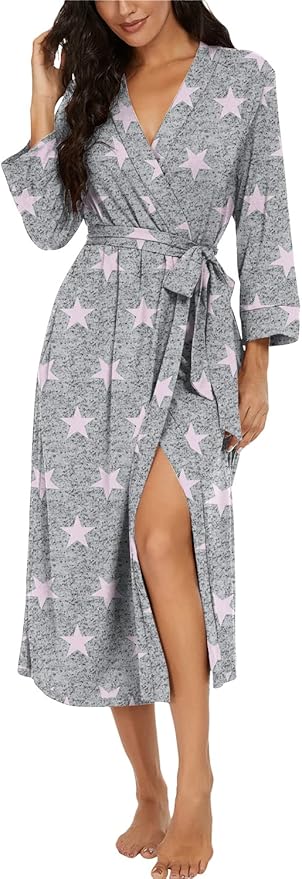 VINTATRE Women Kimono Robes Long Knit Bathrobe Lightweight Soft Knit Sleepwear V-neck Casual Ladies Loungewear