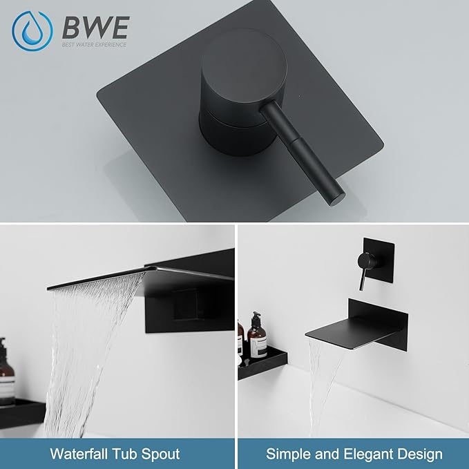 BWE Waterfall Tub Faucet Wall Mount Tub Filler Matte Black High Flow Brass Bathroom Bathtub Faucets with Single Handle