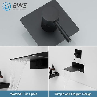 BWE Waterfall Tub Faucet Wall Mount Tub Filler Matte Black High Flow Brass Bathroom Bathtub Faucets with Single Handle