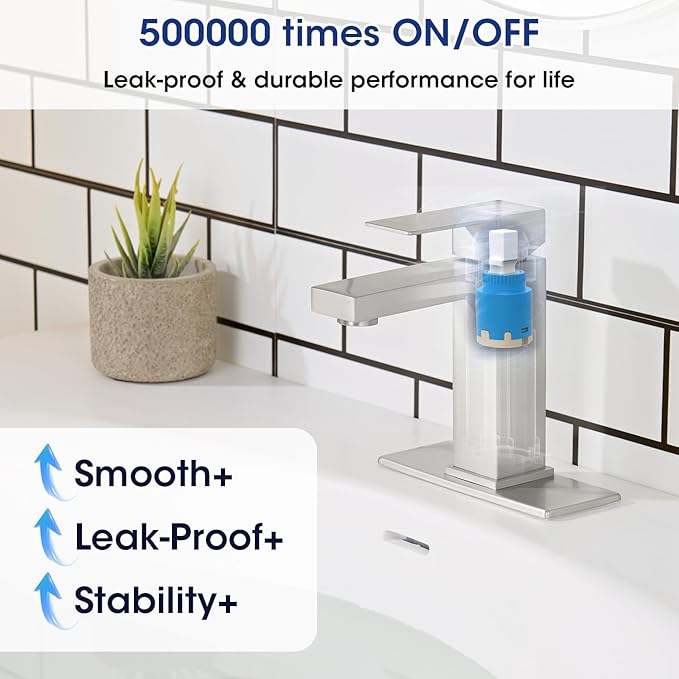 Brushed Nickel Bathroom Faucet, Stainless Steel Vanity Bathroom Sink Faucet with Pop Up Drain Stopper and Water Hoses, Easy to Install Bathroom Faucet 1 Hole for Bathroom Sink, Vanity, RV
