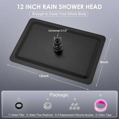 12x8 Inch Rectangle Rain Shower Head Black, All Metal Stainless Steel 304, Full Body Rainfall Shower with 112 Silicone Nozzles, Ceiling Rain Showerheads