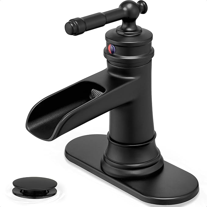 Waterfall Bathroom Faucet Black, Brass 1 Hole Bathroom Faucets Single Handle, 3 Holes 4 Inch with Pop-up Drain, Deck Plate & Supply Hoses for Vanity Lavatory RV, 5 Mins Quick Installation