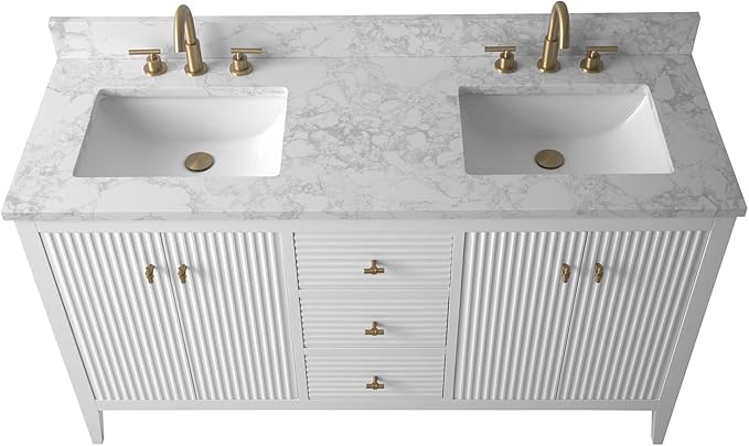 HOMEBEYOND 60" Bathroom Vanity with Double Sink, Solid Wood Bathroom Vanity Free-Standing Cabinet, Ceramic Top & Soft Closing Door, Golden Brushed Handware, White
