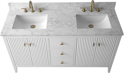 HOMEBEYOND 60" Bathroom Vanity with Double Sink, Solid Wood Bathroom Vanity Free-Standing Cabinet, Ceramic Top & Soft Closing Door, Golden Brushed Handware, White