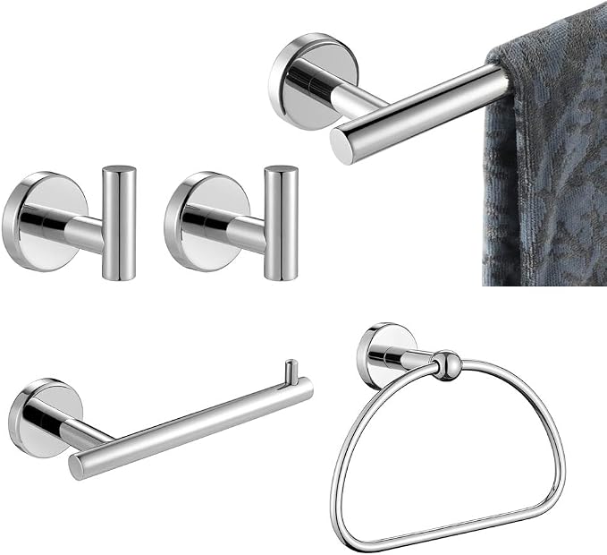 JQK Bathroom Hardware Set Chrome, 5-Piece Bath Accessories Set Polished Chrome Wall Mount Includes 24 in Towel Bar, 7 in Towel Ring, Toilet Paper Holder, 2 Towel Hooks, BAS165-CH