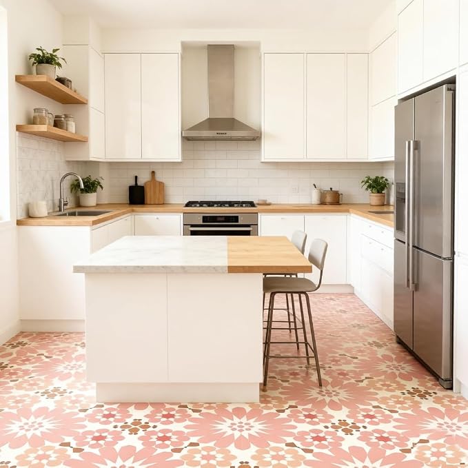 Peel and Stick Floor Tile, Waterproof 11.8x11.8 inches Self- Adhesive Vinyl Flooring for Kitchen, Bathroom, Laundry - Easy Install Removable Flooring for Renters (Pink)