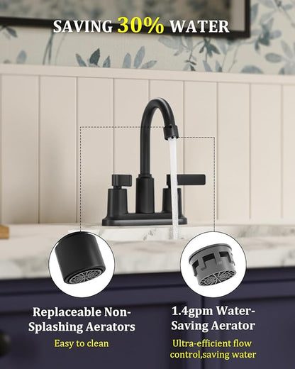 Bathroom Faucets for Sink 3 Hole, Evolvegoods 4 Inch Matte Black Bathroom Faucet with Pop Up Drain and 2 Supply Hoses, 2-Handle Centerset Faucet for Sink Vanity RV