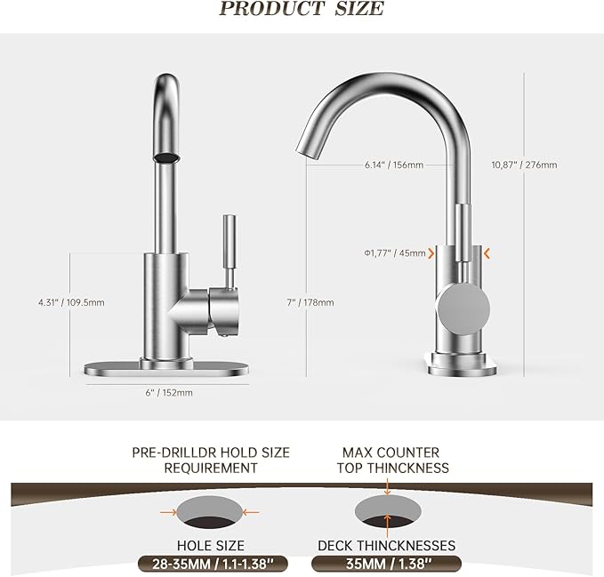 Phiestina Bathroom Sink Faucet,Single-Handle Bathroom Faucet with 4 Inch Deck Plate and Metal Drain, Fit for 1 or 3 Hole Installation, 360 Degree Rotation Spout, Brushed Nickel, WE08E-BN