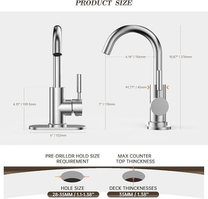 Phiestina Bathroom Sink Faucet,Single-Handle Bathroom Faucet with 4 Inch Deck Plate and Metal Drain, Fit for 1 or 3 Hole Installation, 360 Degree Rotation Spout, Brushed Nickel, WE08E-BN