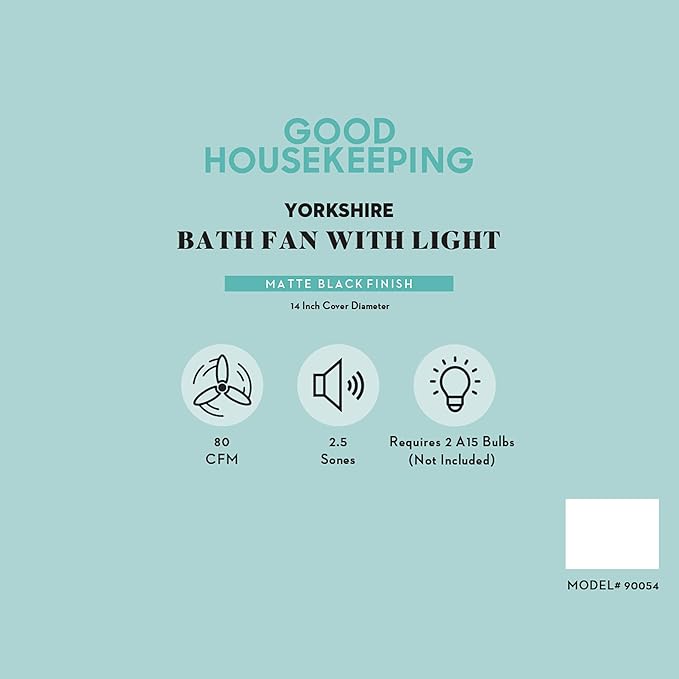 Good Housekeeping 90054 Yorkshire Decorative 80 CFM 2.5 Sones Bathroom Ventilation Exhaust Fan with Light, Matte Black