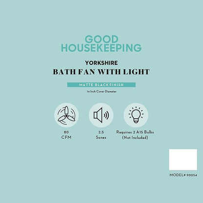 Good Housekeeping 90054 Yorkshire Decorative 80 CFM 2.5 Sones Bathroom Ventilation Exhaust Fan with Light, Matte Black