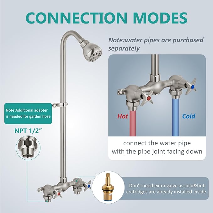 Aolemi Outdoor Shower Kit, 6-Inch Center, 2-Handle, Brushed Nickel | Solid Brass Mixer Valve, SUS304 Shower Pipe, Dual-Handle Hot And Cold Control, Reversible Inlets, and Rotating Head