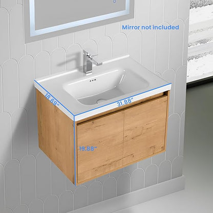 Blossom 32 Inch Bathroom Vanity with Sink, All Wood Wall Mounted Floating Bathroom Vanity with Ceramic Sink, Modern Soft-Close Doors & Storage, Bathroom Sink Cabinet, Classic Oak, 32'' Ceramic Sink