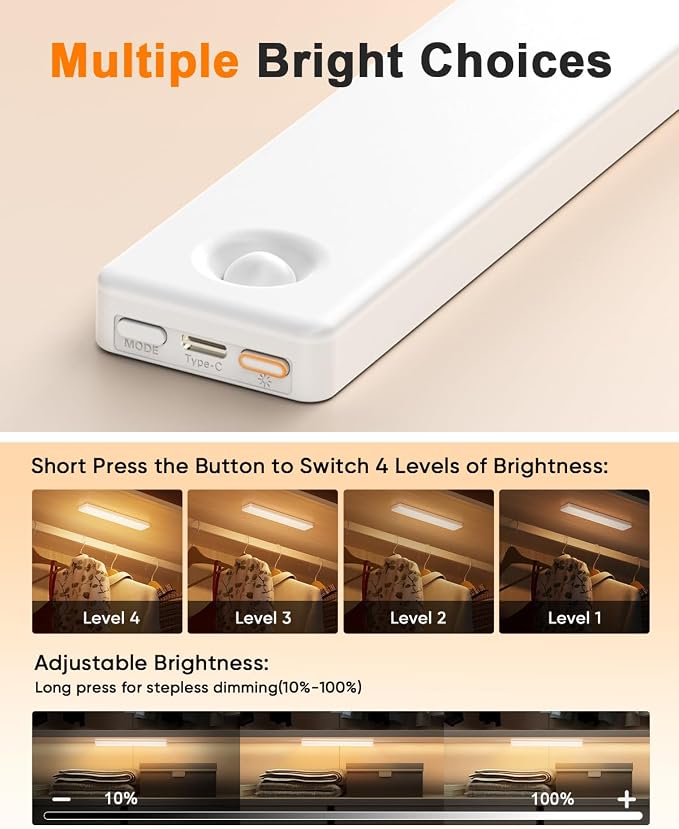 2 Pack Under Cabinet Lighting, Motion Sensor Light Indoor, Rechargeable Closet Lights Battery Operated, Wireless Dimmable LED Cabinet Lights, Under Counter Lights for Kitchen Warm Color
