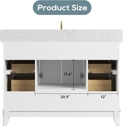 48 Inch Bathroom Vanity with Sink, Farmhouse Bathroom Vanity Set with Quartz Countertop, Painted Bathroom Storage Cabinet with Soft Closing Doors & Dovetail Pine Drawers, White