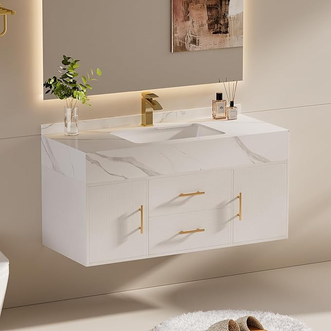 Bathroom Vanity with Sink, 39.3" Floating Bathroom Vanity Set, Modern Wall-Mounted Cabinet with Sintered Stone Countertop, Undermount Sink & White Finish, Easy to Clean
