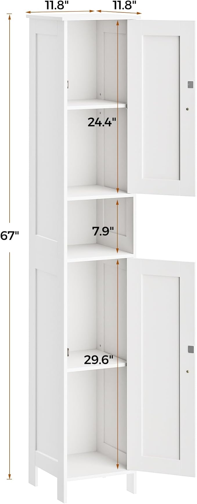 Tall Bathroom Storage Cabinet with 2 Doors, 67"H Narrow Storage Cabinet with Adjustable Shelves& Anti-Tip Design, Reversible Door Installation, Easy Assembly, 11.8 x 11.8 x 66.9 Inches, White