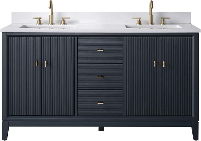 Vanity Art 60" Bathroom Vanity with Double Sink & Arabescato White Engineered Stone Top, Soft Closing Door, Solid Wood Frame, Golden Brushed Handles, Vintage Spruce Blue VA8160D-VSB-GB