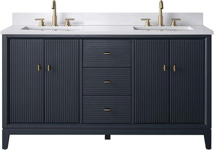 Vanity Art 60" Bathroom Vanity with Double Sink & Arabescato White Engineered Stone Top, Soft Closing Door, Solid Wood Frame, Golden Brushed Handles, Vintage Spruce Blue VA8160D-VSB-GB