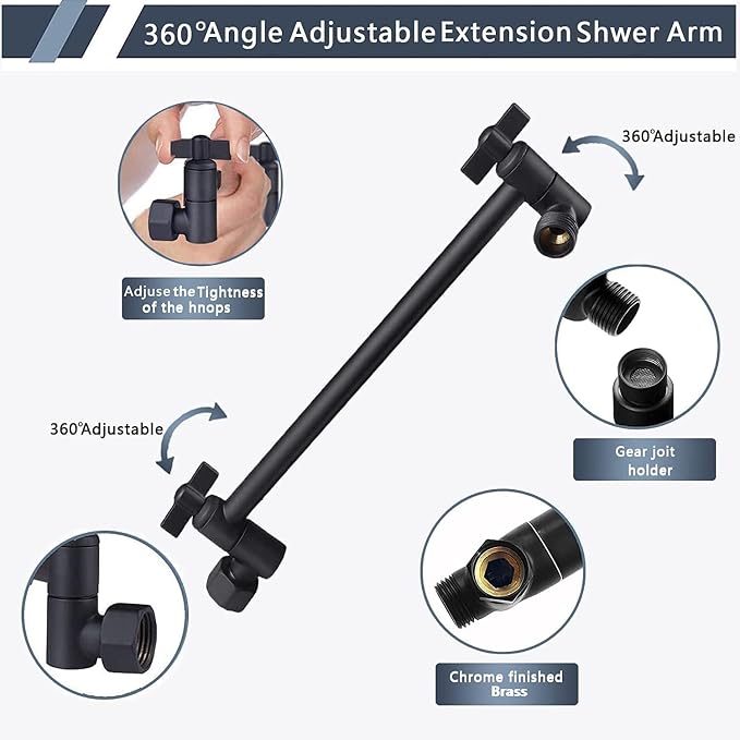 Rainfall Shower Head with Handheld Combo, Black, 10 Inch & 3 Spray Modes | 180° Adjustable with Extension Arm, Easy To Install