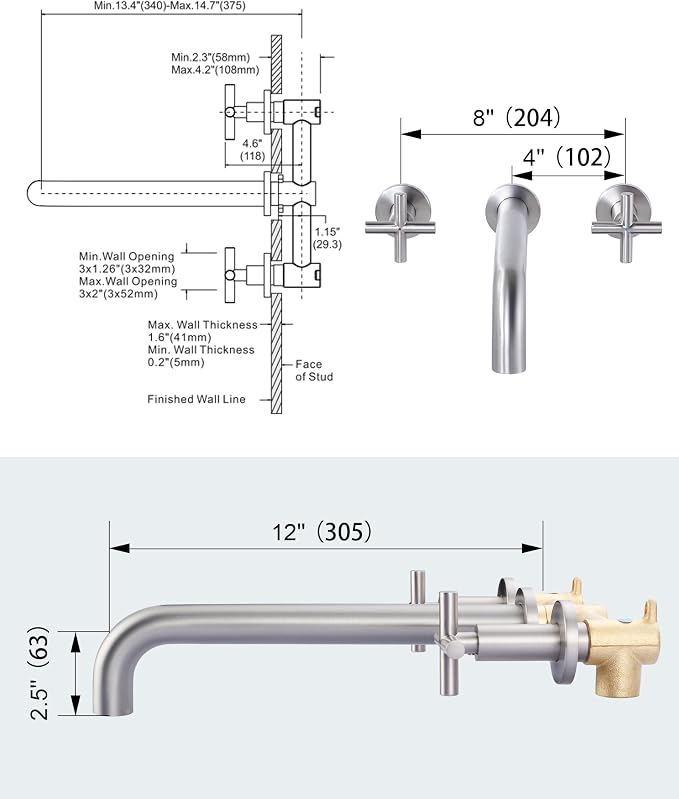 ARCORA Wall Mount Tub Filler Brushed Nickel Bathtub Faucet Long Spout Reach 2 Cross Handles Tub Faucet with Brass Rough in Valve Included