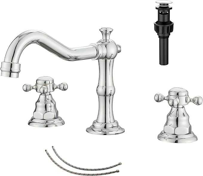 2 Handles 3 Holes Faucet Widespread Bathroom Sink Faucet Chrome Basin Mixer Tap Matching Pop Up Drain with Overflow