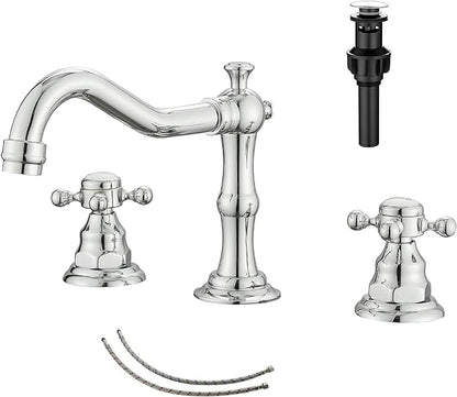 2 Handles 3 Holes Faucet Widespread Bathroom Sink Faucet Chrome Basin Mixer Tap Matching Pop Up Drain with Overflow