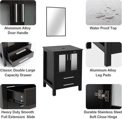 eclife 72" Modern Bathroom Vanity Sink Combo Freestanding Cabinet with Small Side Cabinet, Clear Boat Glass Vessel Sink, Water Save Faucet, Drain (Black+A29TT)