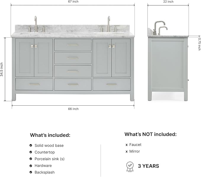 ARIEL Cambridge 66-inch Bathroom Vanity with Sink,Solid Wood, 0.75-inch Italian Carrara Marble Countertop, Double Rectangular Porcelain Sink, 4 Soft Closing Doors, 6 Dovetail Drawers, Grey