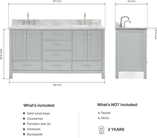ARIEL Cambridge 66-inch Bathroom Vanity with Sink,Solid Wood, 0.75-inch Italian Carrara Marble Countertop, Double Rectangular Porcelain Sink, 4 Soft Closing Doors, 6 Dovetail Drawers, Grey